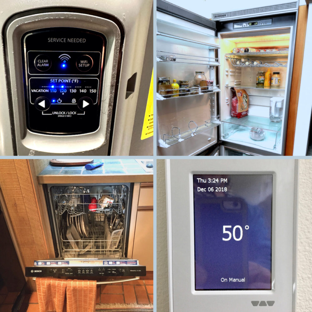 A four-way image of a water heater panel, an open refrigerator door, an open dishwasher and a wall thermostat.