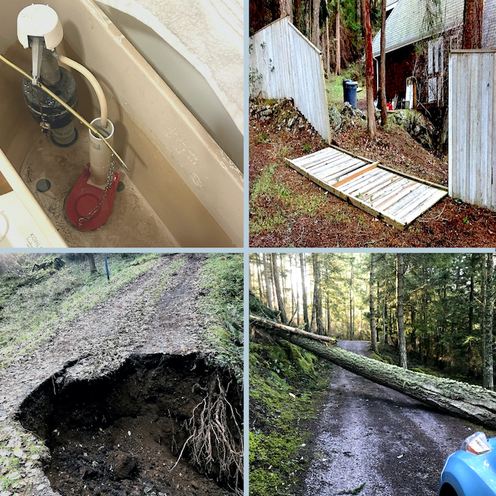 A four-way image of: a broken toilet, a fallen fence, a washed-out road and a fallen tree.
