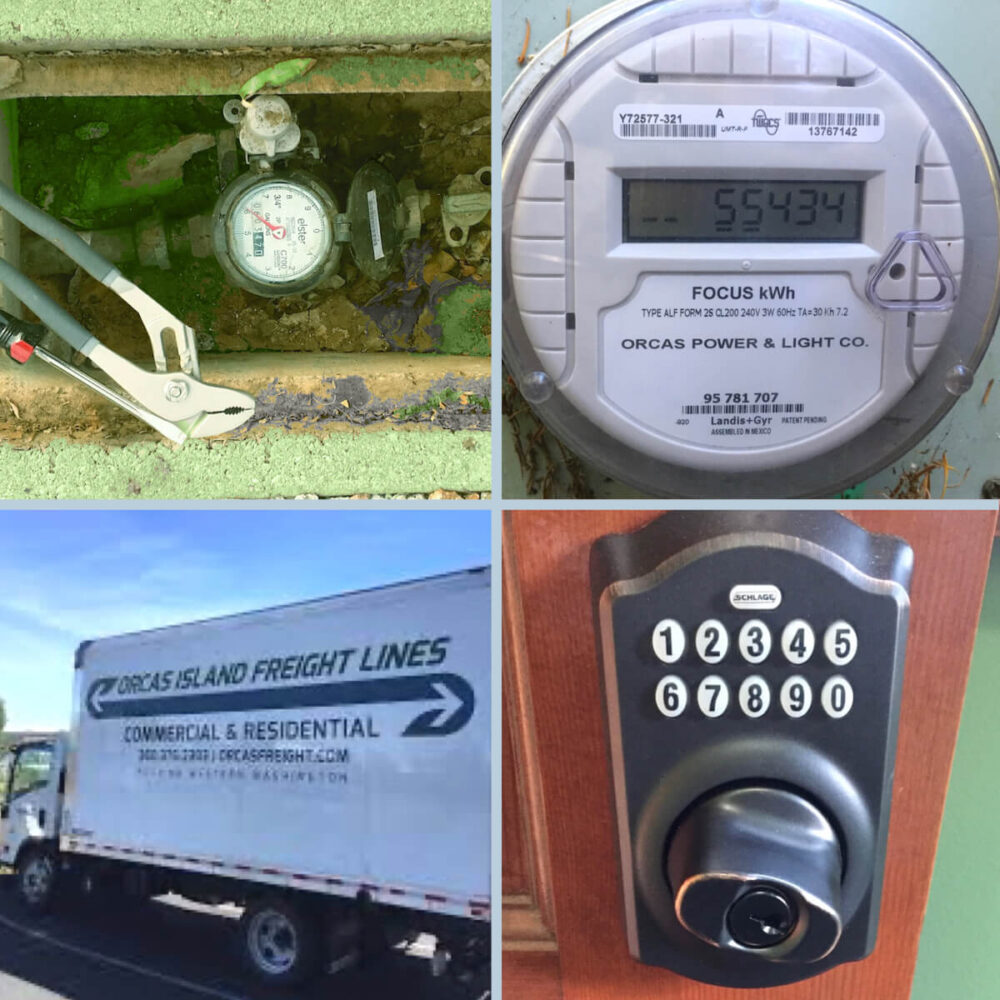 A four-way image of a water meter, an OPALCO electric meter, an Orcas Island Freight truck and a digital door lock.